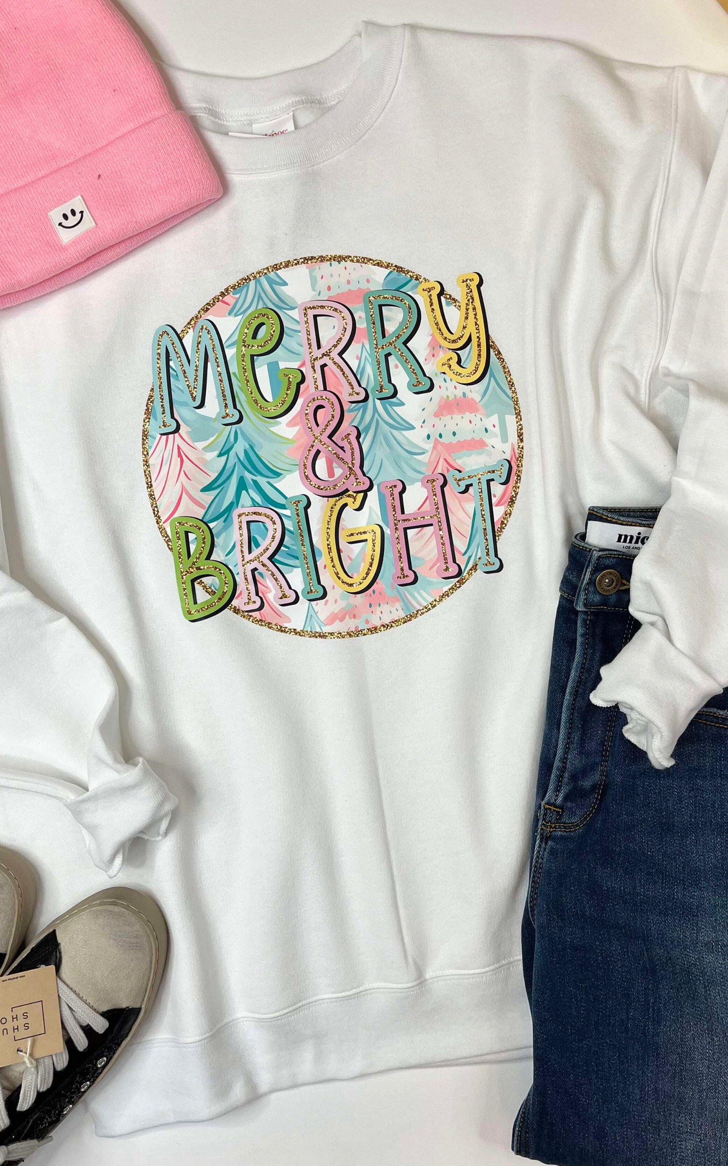 Pastel Merry & Bright Graphic Crewneck Sweatshirt - Final Sale**