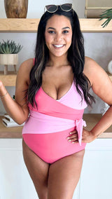 Palm Beach Pink Colorblock Wrap Front One Piece Swimsuit