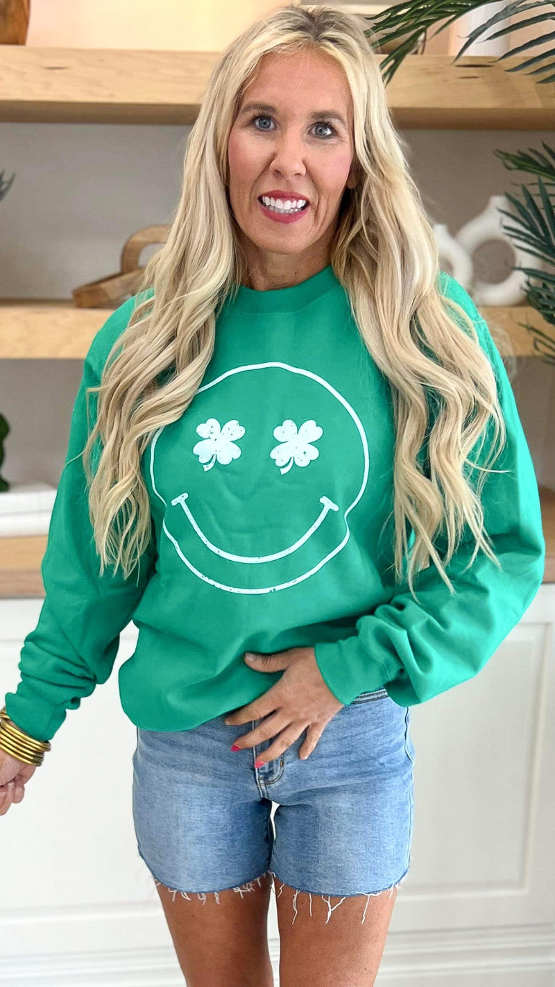 Four Leaf Smiley Face Green Crewneck Sweatshirt**