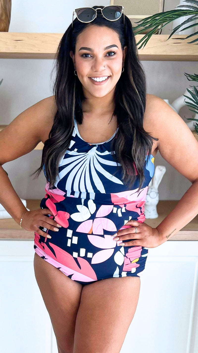 Chase Blue Floral Long Tankini Top w/ Banded Hem (TOP ONLY)