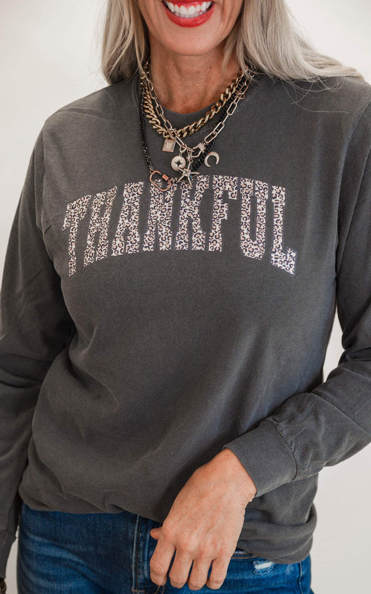 Leopard Thankful Garment Dyed Long Sleeve Graphic Top