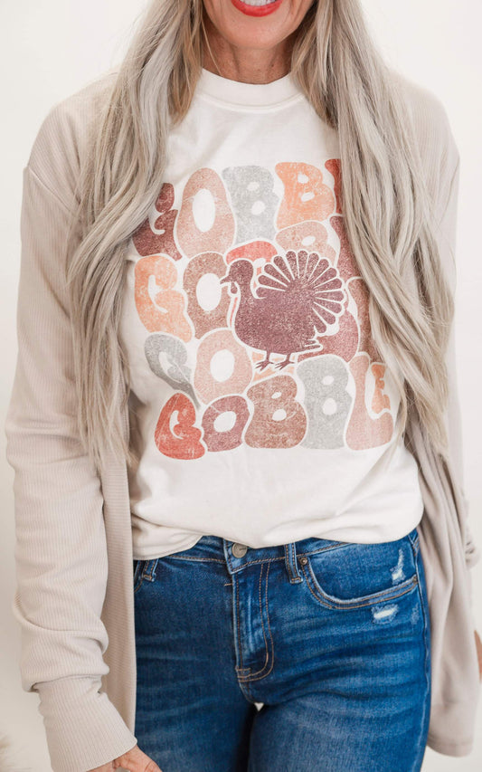 Gobble Gobble Garment Dyed Long Sleeve Graphic Top