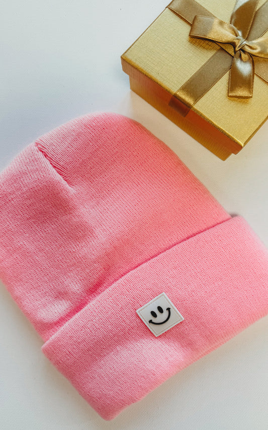 Pink Smiley Face Patch Beanie **DEAL-COUPON EXCLUDED