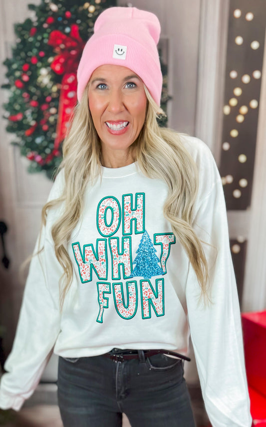 Oh What Fun Leopard Graphic Crewneck Sweatshirt - Final Sale