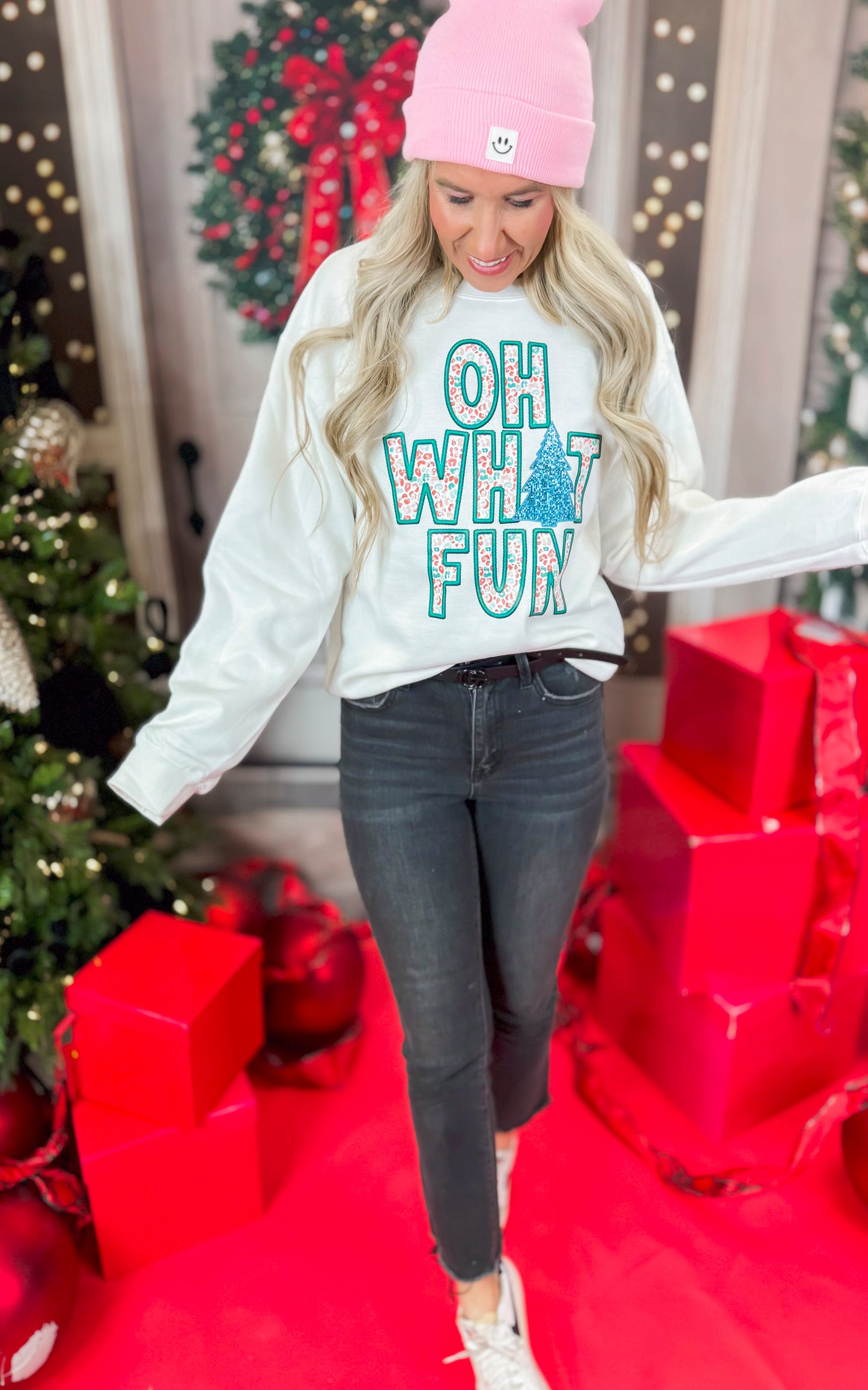 Oh What Fun Leopard Graphic Crewneck Sweatshirt