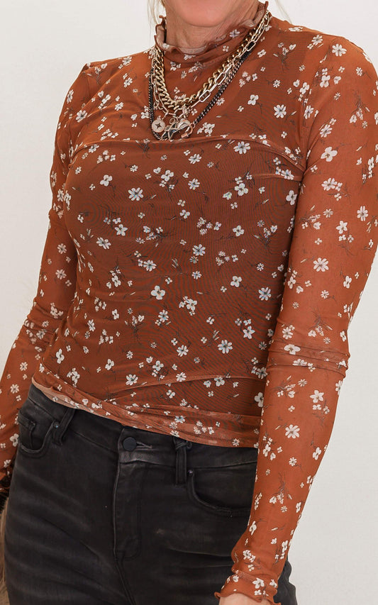 Floral Lace Mock Neck Sheer Top