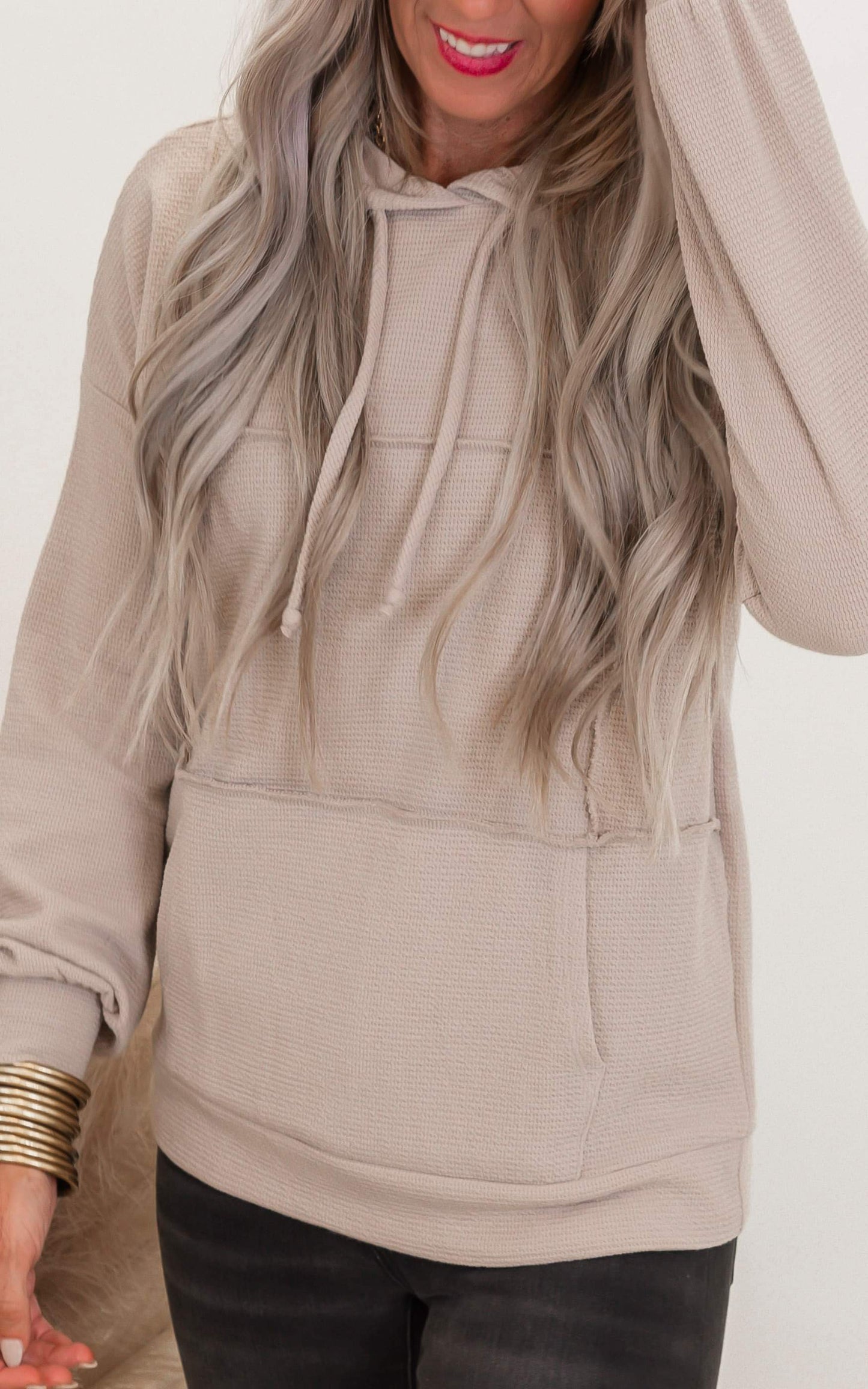 Drawstring Textured Hoodie Top