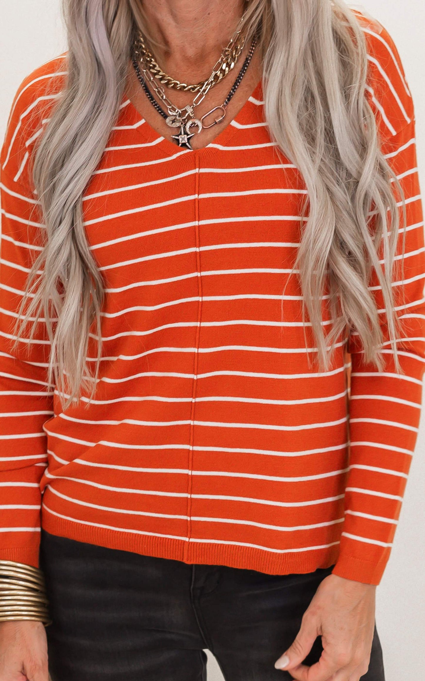 Pumpkin Striped V-Neck Sweater