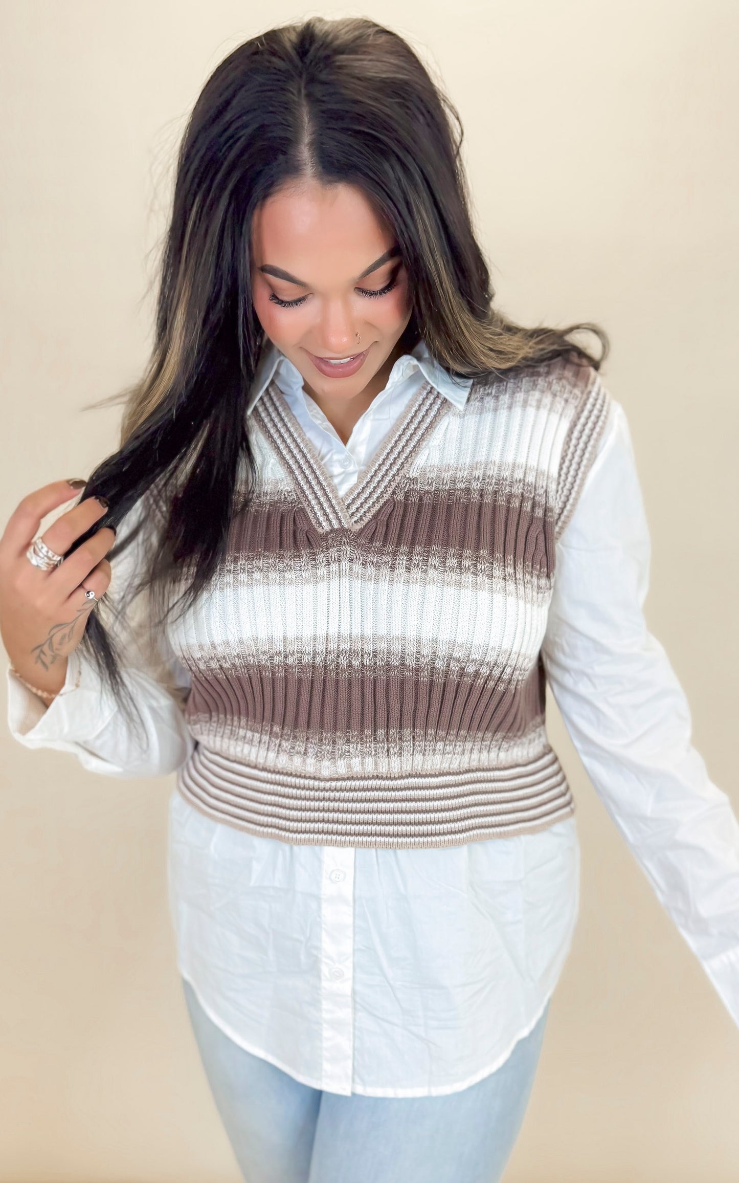 Knitted Vest Overlay Twofer Shirt - Final Sale