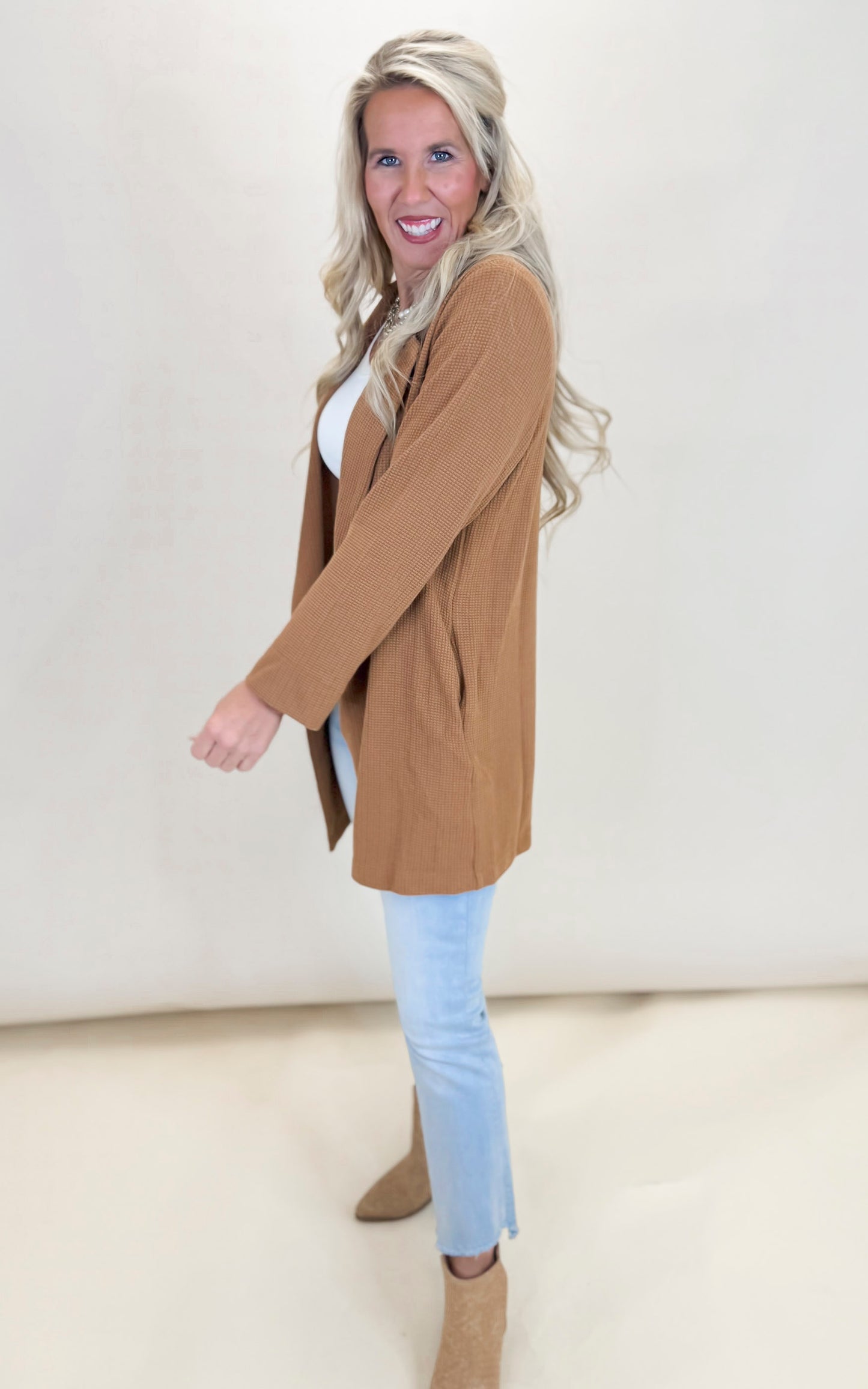 Waffle Knit Long Cardigan with Pockets