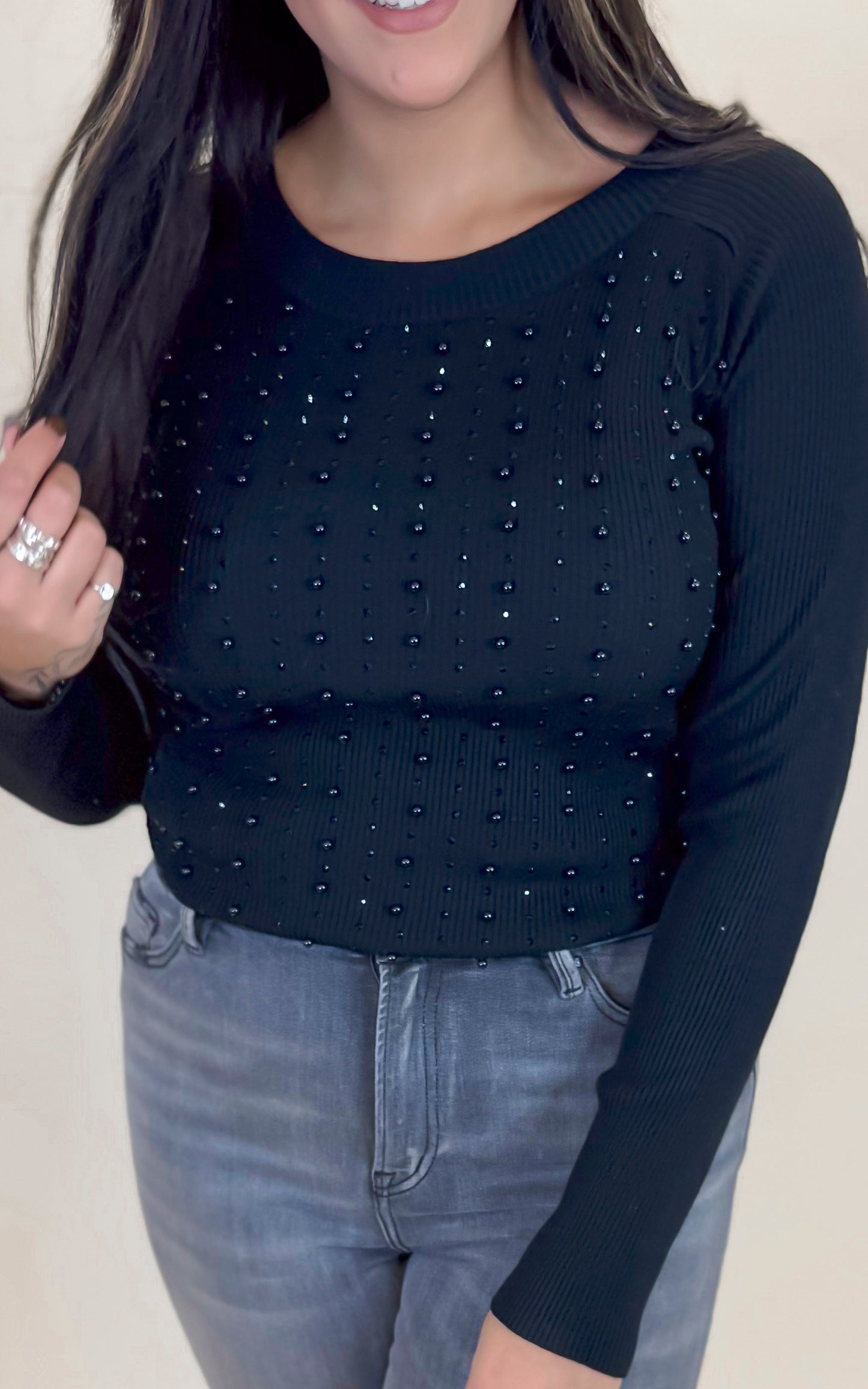 Black Beaded Long Sleeve Solid Knit Top