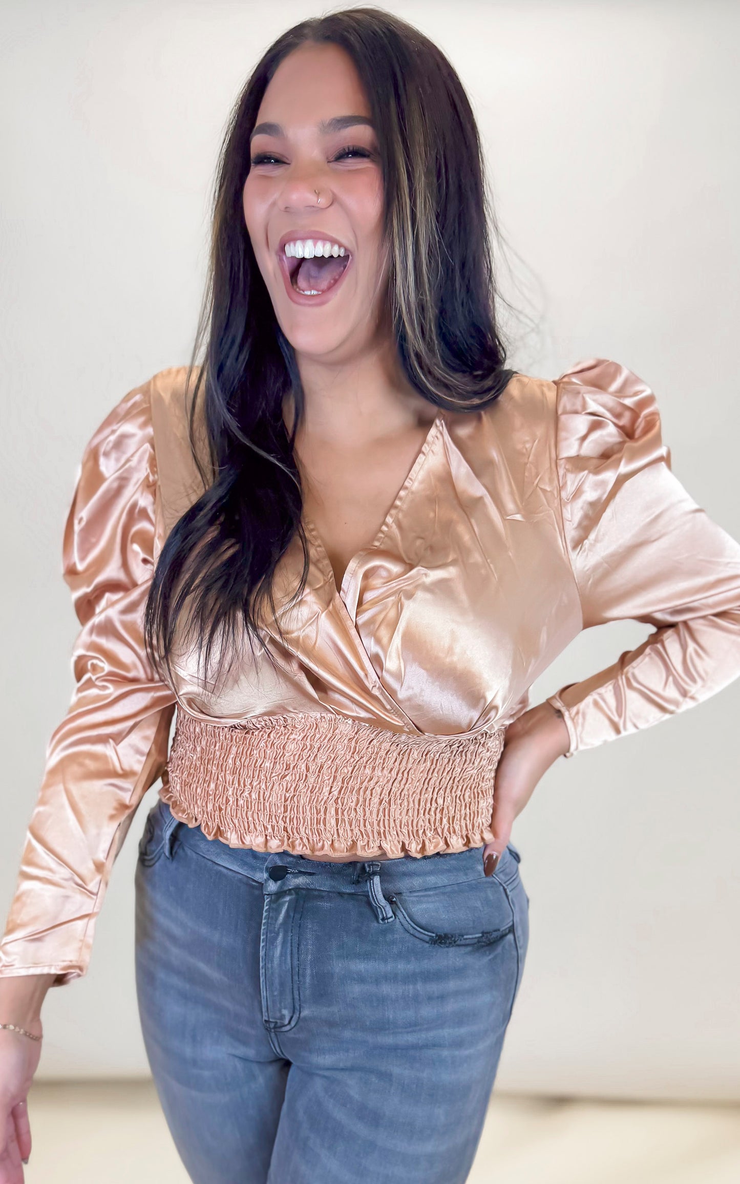 Festive Gold Surplice Holiday Top **DEAL - COUPON EXCLUDED