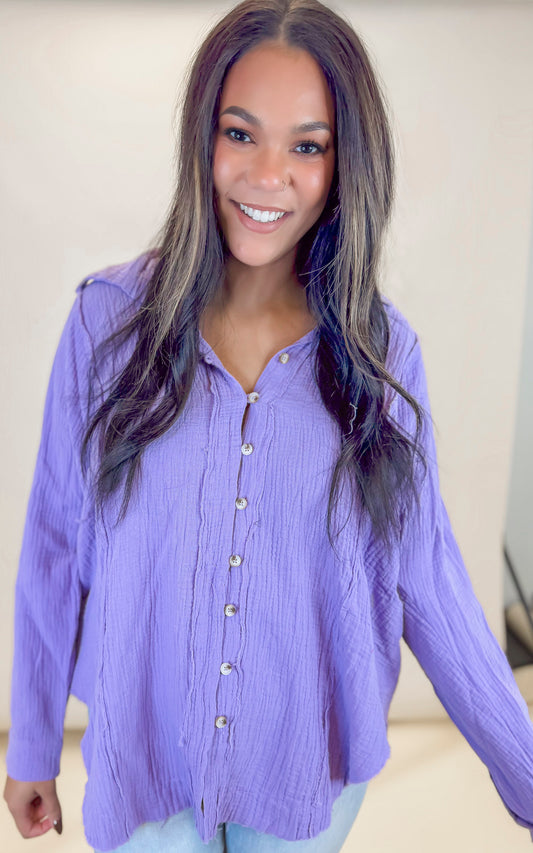 Lavender Raw Edge Button Down Shirt - Final Sale