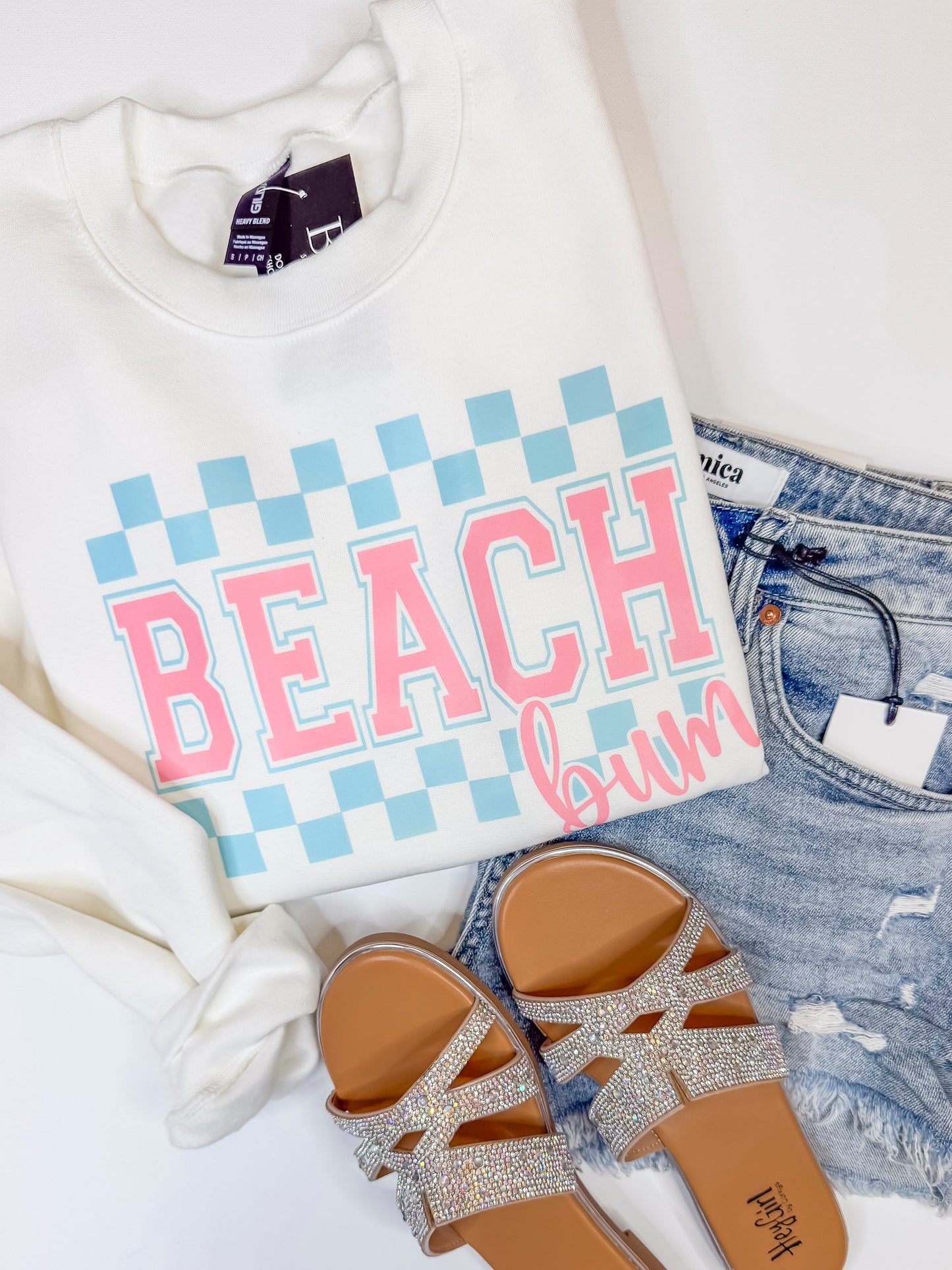 Checked Beach Bum Graphic Crewneck Sweatshirt