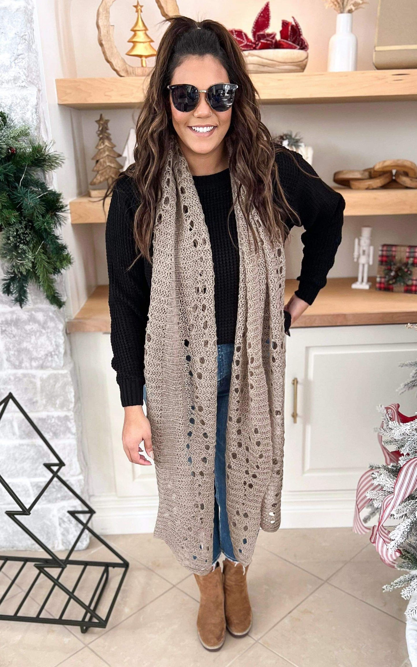 Taupe Open Knit Oblong Scarf