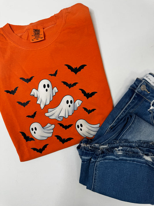 Ghosts and Bats Orange Garment Graphic T-shirt