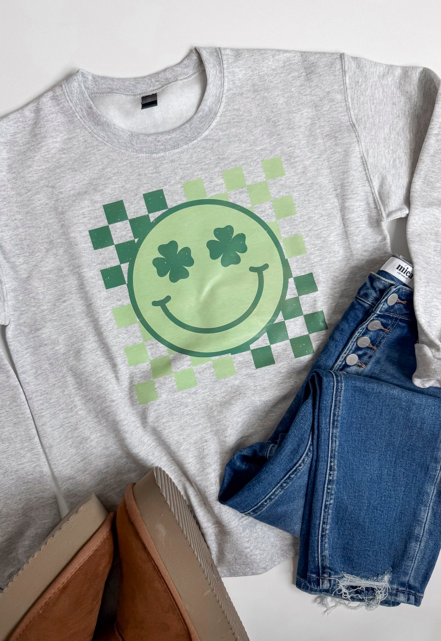 Checkered Green Smile Graphic Crewneck Sweatshirt