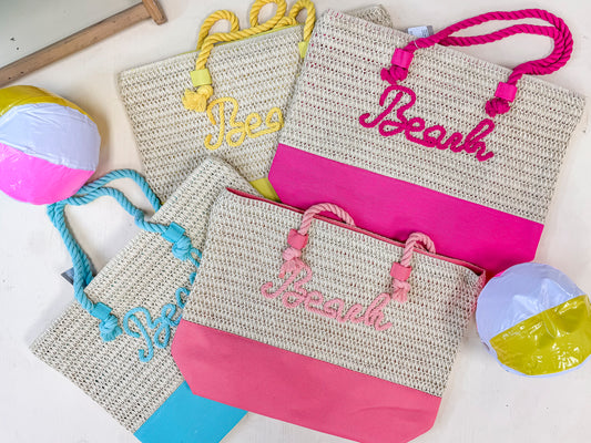 Sewn Rope "BEACH" Color Straw Tote Bag