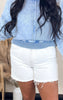 Misty White Super High Rise Distressed Denim Shorts | MICA