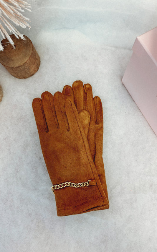 Faux Suede Gloves with Gold Chain Detail