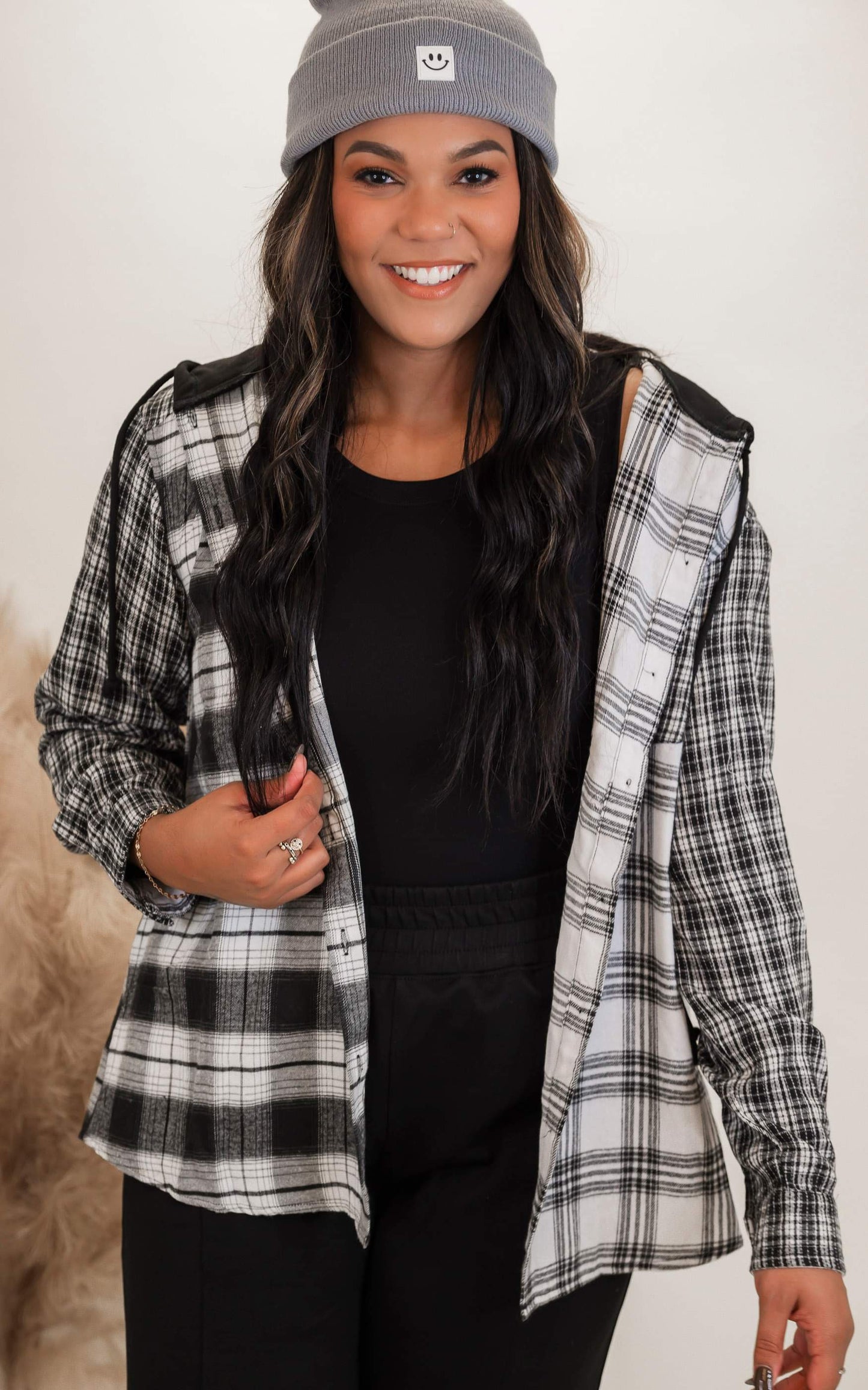 Black Hooded Contrast Plaid Jacket