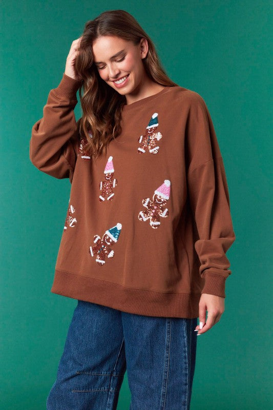 Sequin Gingerbread Hat Oversized Sweatshirt