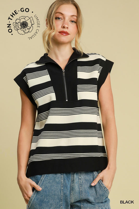 Half Zip Textured Top with Johnny Collar | UMGEE