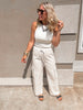Neutral striped wide leg cargo trousers styled for casual everyday wear.