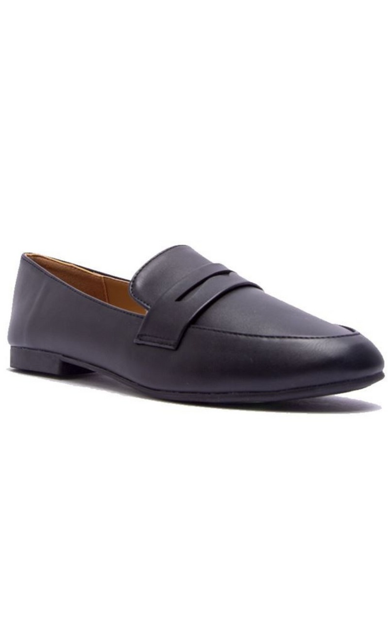 WOMENS POINTED TOE SLIP ON PENNY LOAFERS FLATS - BLACK