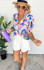 Lavender Leaf Print Short Sleeve Blouse