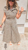 Casual twill leopard jumpsuit featuring relaxed wide leg silhouette.