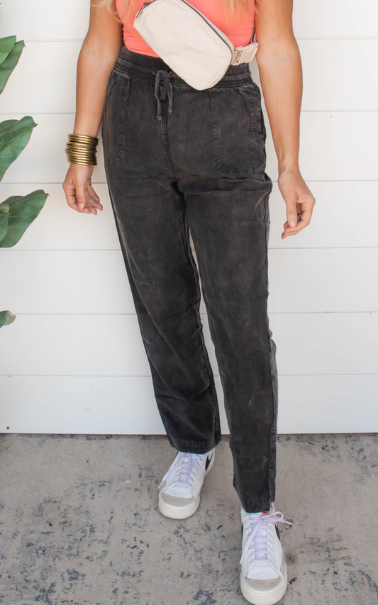 Black Tencel Mineral Washed Long Pants | Rae Mode