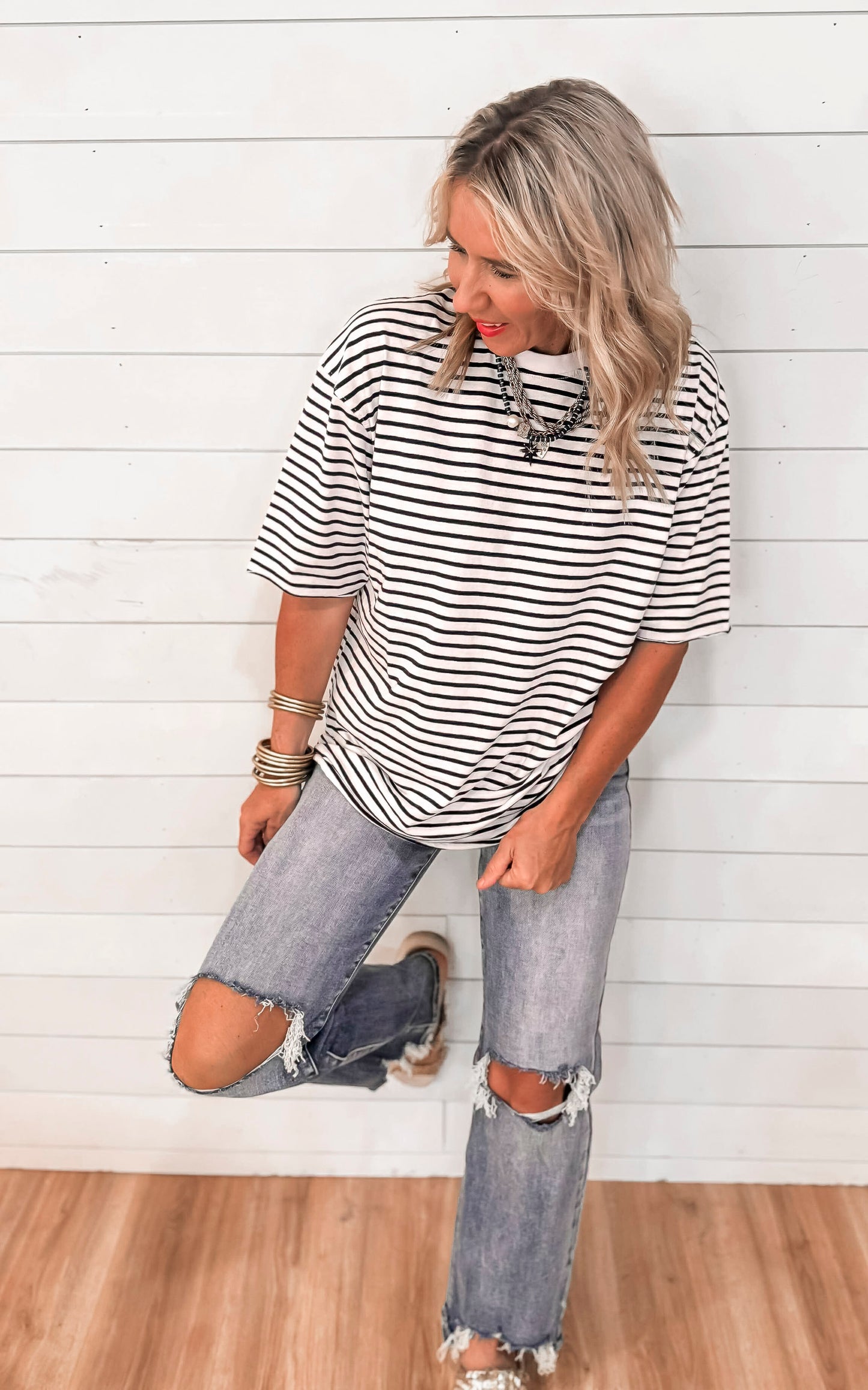 Coastal Cotton Striped Oversized Crewneck Tee | MONO B
