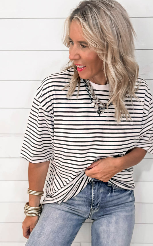 Coastal Cotton Striped Oversized Crewneck Tee | MONO B