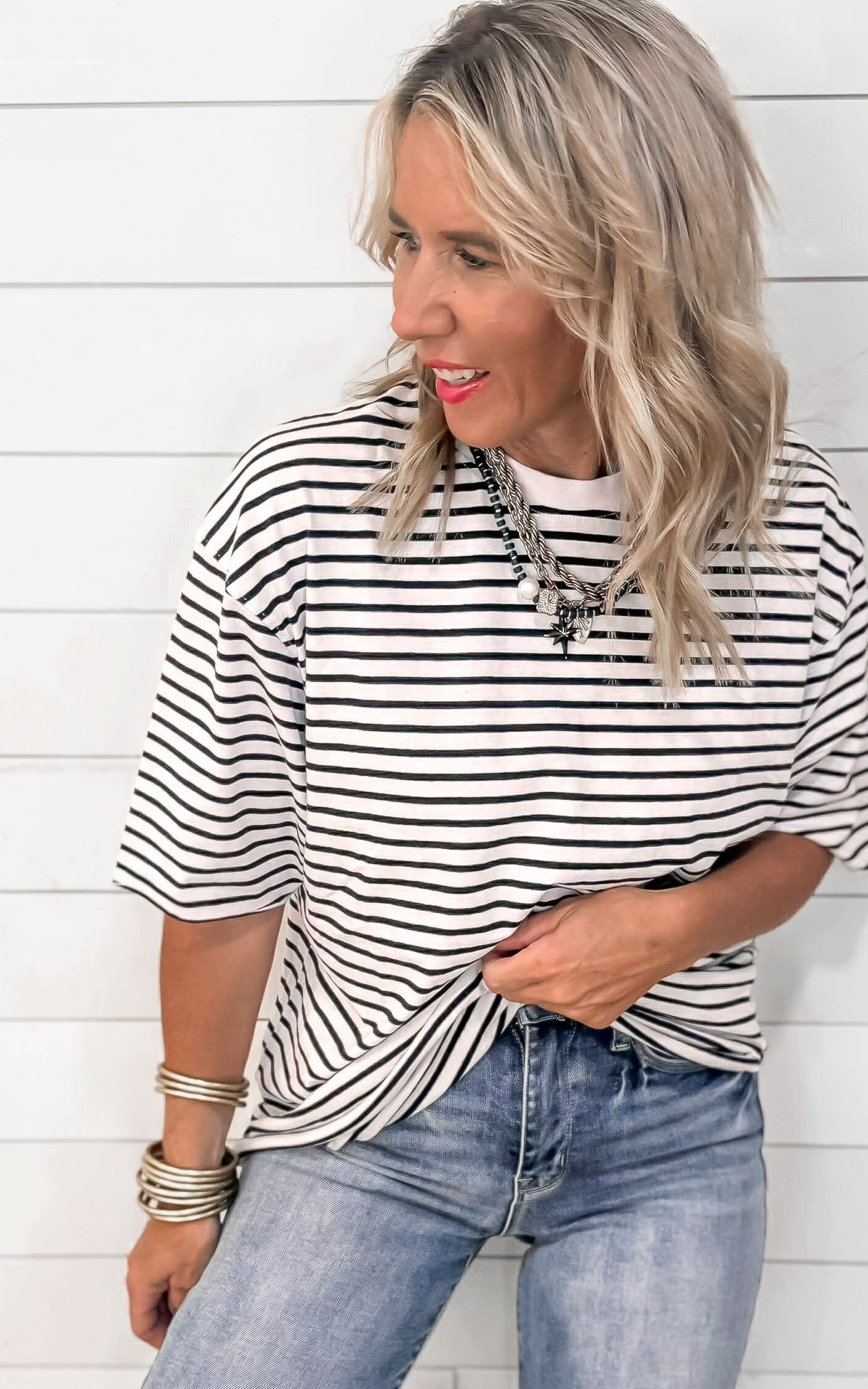 Coastal Cotton Striped Oversized Crewneck Tee | MONO B