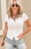 White ribbed tee with silver snaps and curved hem for a feminine touch.
