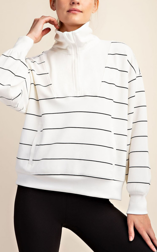 Modal Stripe Quarter Zip Mock Neck Pullover | RAE MODE