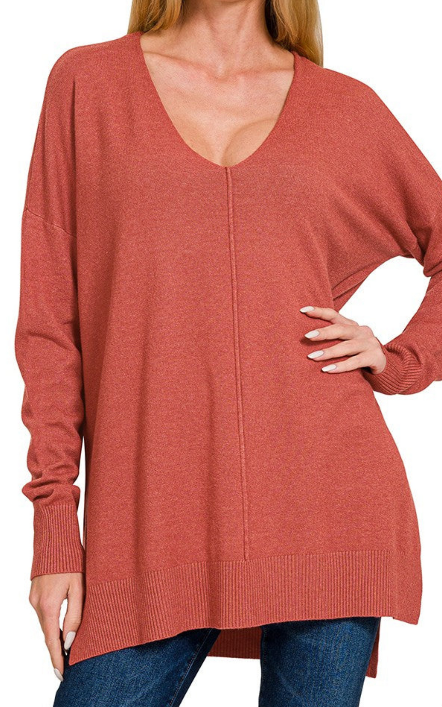 August Breeze Hi Low V-Neck Sweater