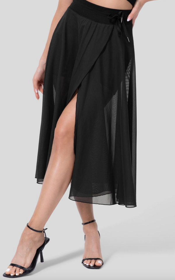 Halara High Waisted Drawstring Contrast Mesh 2-in-1 Side Pocket Flowy Midi Flare Casual Skirt - Black**