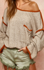 Oatmeal Brushed Uneven Rib Top w/ Contrast Detail - Final Sale