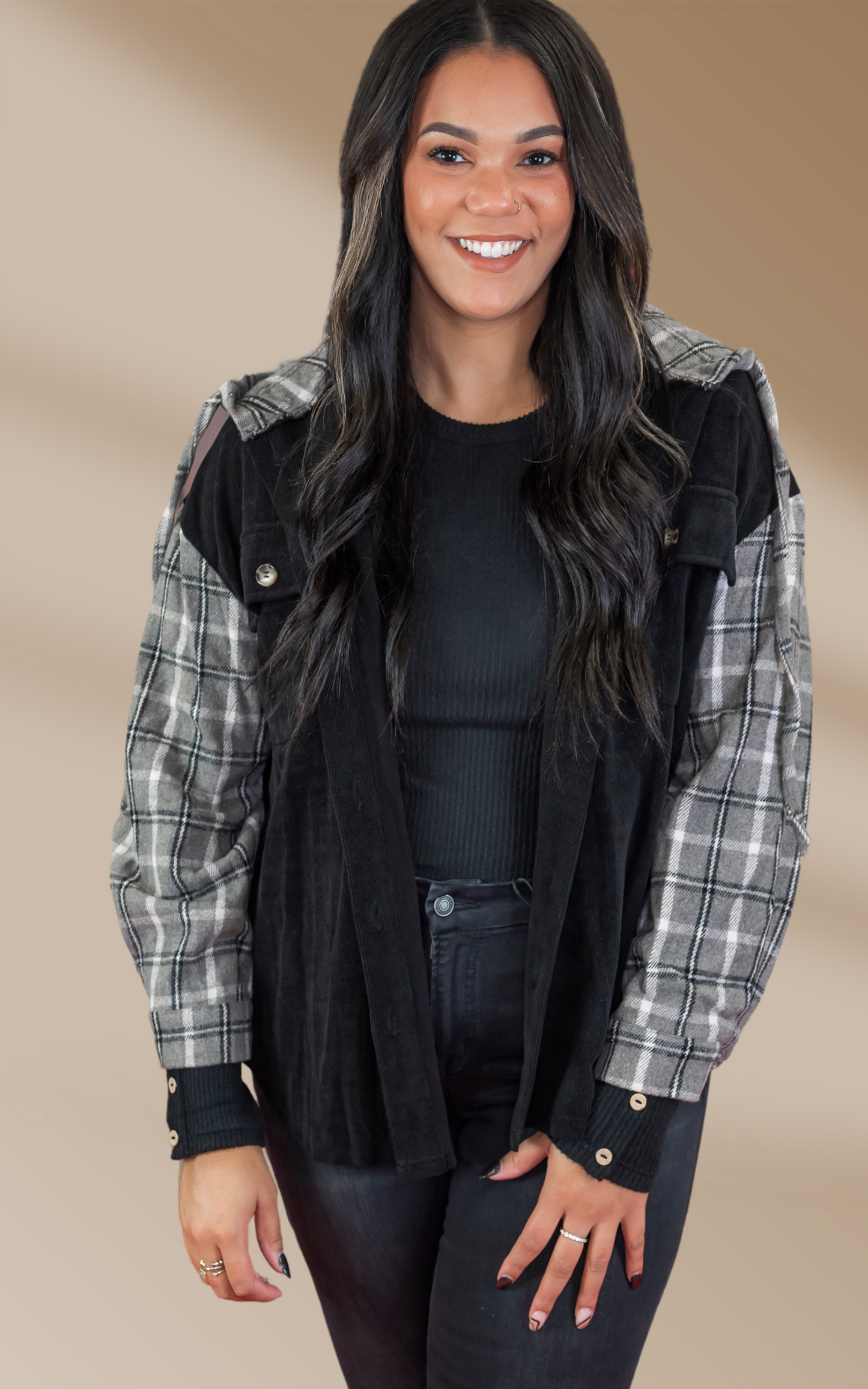 Black Plaid Hooded Shacket** - Final Sale