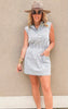 Washed blue denim mini dress with contrast stripe pattern and utility-style patch pockets.