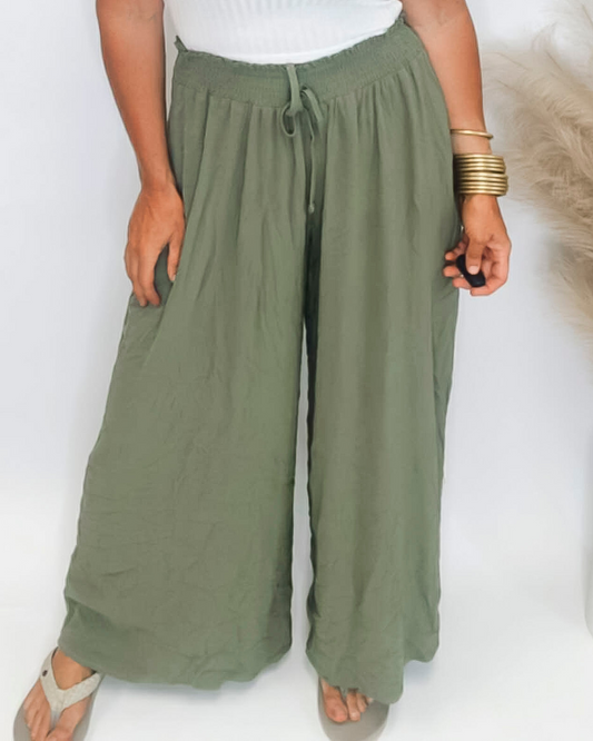 Smocked Waistband Wide Leg Pants