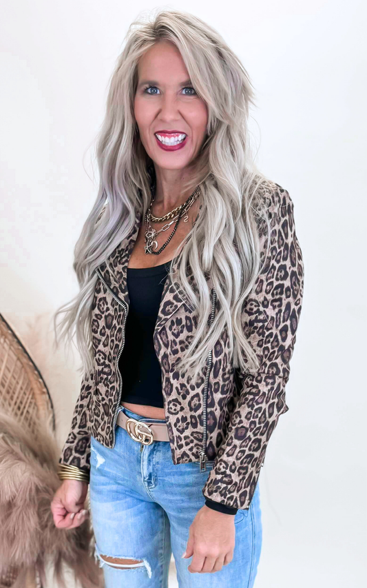 Leopard Print Suede Like Zip Up Jacket