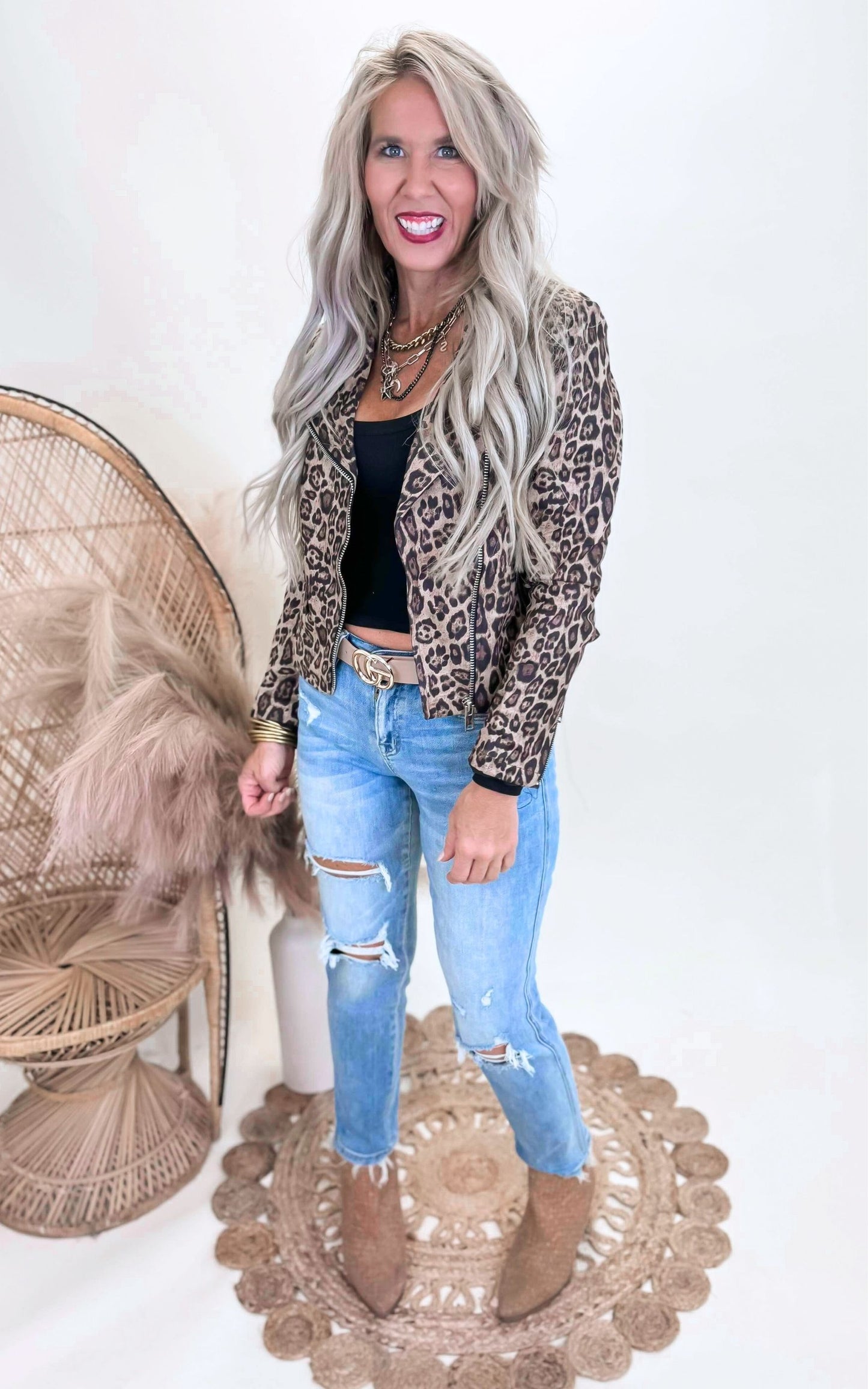 Leopard Print Suede Like Zip Up Jacket