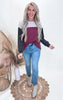 Burgundy Urban Color Block Puff Sleeve Top