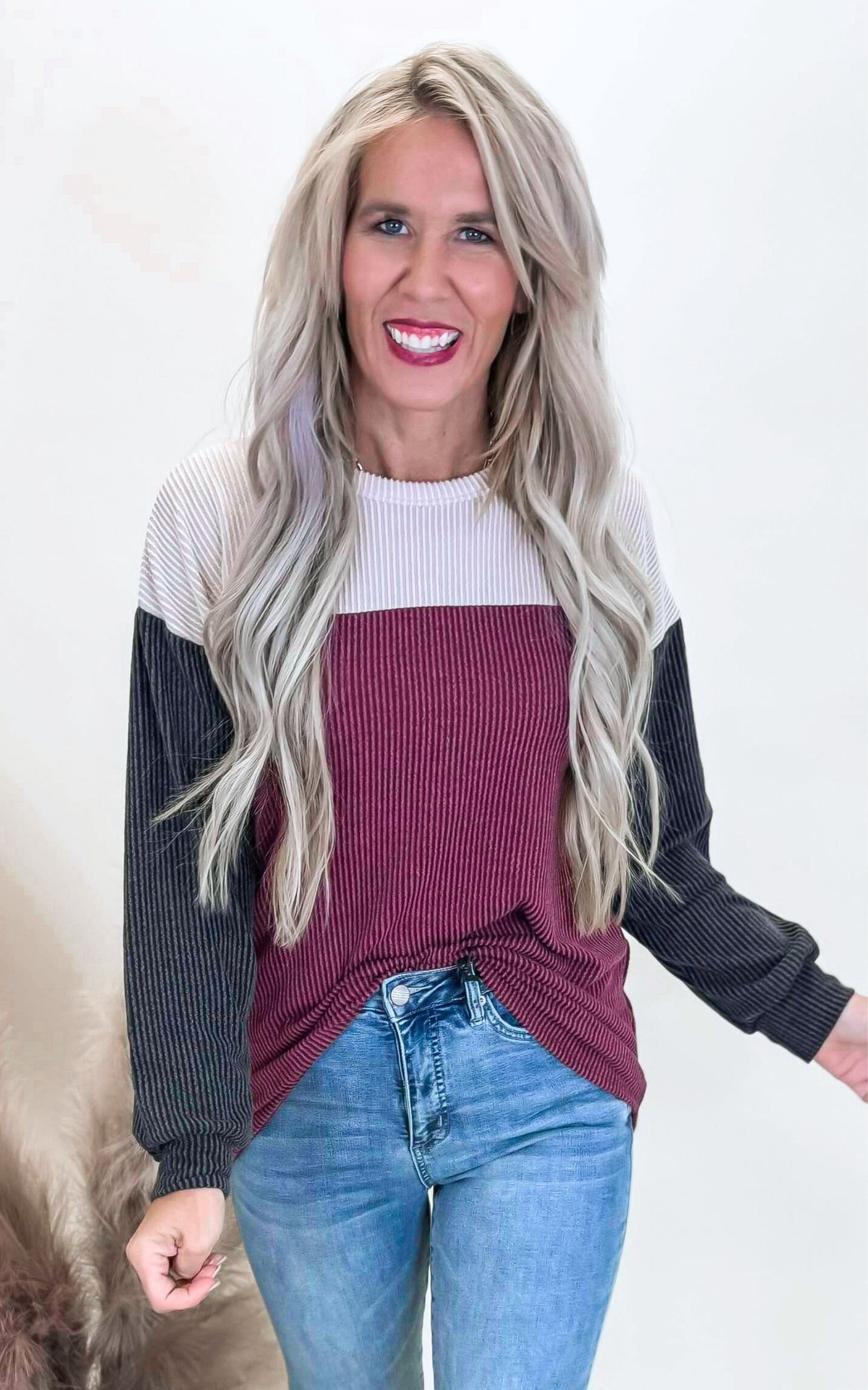 Burgundy Urban Color Block Puff Sleeve Top