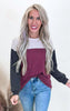 Burgundy Urban Color Block Puff Sleeve Top