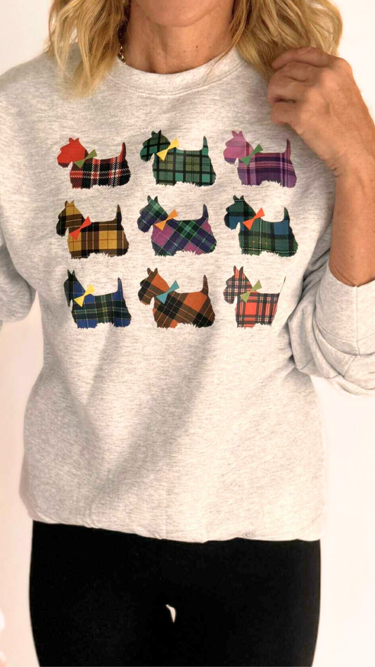 Scottie Plaid Dogs Crew Neck Graphic Sweatshirt