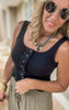 Scoop neck black tank top with front button detail and fitted silhouette.